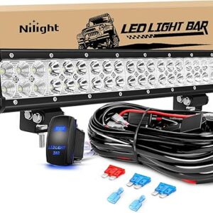 Nilight LED Light Bar 20 Inch 126W Spot Flood Combo Led Off Road Lights 12V 5Pin Rocker Switch LED Light Bar Wiring Harness Kit, 2 Years Warranty, Model: ZH082, Clear