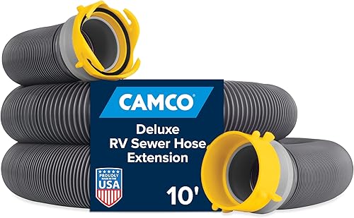 Camco Deluxe 10' Sewer Hose Extension - Heavy Duty Design with Swivel Fittings, Easy to Use and Compresses for Simple Organization, Storage Caps Included (39665)