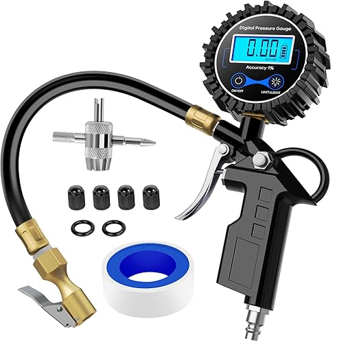 Nilight 50026R Digital Tire Inflator Pressure Gauge,250 PSI Air Chuck and Compressor Accessories Heavy Duty with Rubber Hose Quick Connect Coupler for 0.1 Display Resolution