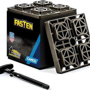 Camco Fasten RV Leveling Blocks - Features Interlocking Design for Customizable Height - Carrying Handle Twists to Secure Blocks for RV Storage - 8.5” x 8.5” x 1”, Gray, 10-Pack (21024)