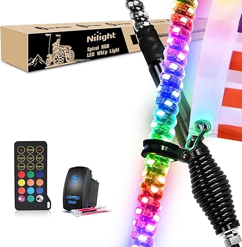Nilight 2PCS 3FT Spiral RGB Led Whip Light with Spring Base Chasing Light RF Remote Control Lighted Antenna Whips for Can-Am ATV UTV RZR Polaris Dune Buggy Offroad Truck