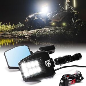 Xprite UTV LED Side Rear View Mirrors Light Aluminum w/Puddle Lights, Fits 1.75"-2 Inch Roll Cage Bar for Polaris RZR Pioneer, SXS, Can-Am X3, Kawasaki Teryx Mule, Yamaha Rhino Wolverine
