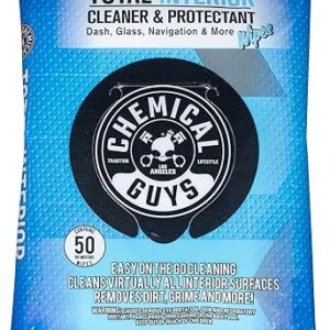 Chemical Guys Total Interior Cleaner & Protectant Wipes – 50 Pack Multi Surface Car Interior Cleaning Wipes for Dashboards, Doors and Seats – Safe for Trucks, SUVs, RVs and Home Use