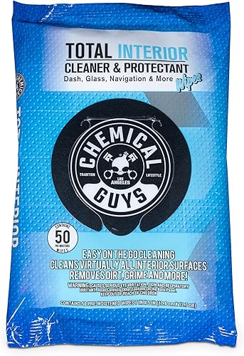 Chemical Guys Total Interior Cleaner & Protectant Wipes – 50 Pack Multi Surface Car Interior Cleaning Wipes for Dashboards, Doors and Seats – Safe for Trucks, SUVs, RVs and Home Use