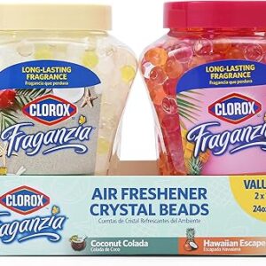 Clorox Fraganzia Crystal Beads Air Freshener Twin Pack, Coconut Colada and Island Escape Scents, Long Lasting Room Deodorizer Gel Beads for Home, Car, or Office, 12 Fl Oz Each - 2 Pack