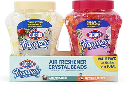 Clorox Fraganzia Crystal Beads Air Freshener Twin Pack, Coconut Colada and Island Escape Scents, Long Lasting Room Deodorizer Gel Beads for Home, Car, or Office, 12 Fl Oz Each - 2 Pack
