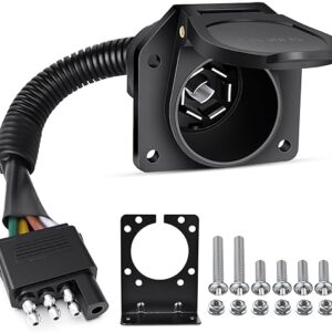 Nilight 4 Way Flat to 7 Way Round Blade Trailer Adapter Wiring Harness 4 Pin to 7 Pin Electrical Connect Wiring Plug Connector with Mounting Bracket for RV Truck Factory Tow Package