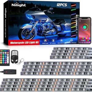 Nilight 12PCS Motorcycle RGB Led Light Kit Waterproof Multi Color Atmosphere Neon Accent APP and Remote Control Underbody Strips for Harley Davidson Honda Kawasaki Suzuki