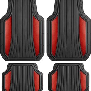 Motor Trend ChromeTech Car Floor Mats Full Set - Durable Rubber Floor Mats for Cars with Two Tone Accent, All Weather Interior Protection for Front and Rear with Non-Slip Backing, Red Chrome
