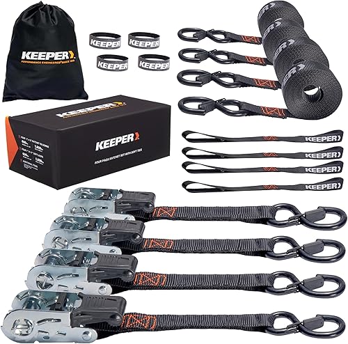 Keeper Ratchet Tie Down Straps Kit, 4 Pack - 1in. x 15ft. Heavy Duty Cargo Straps for Motorcycle, ATV, UTV & Moving – 1800 lb Break Strength - Includes 4 Soft Loops, 4 Hook & Loop Straps & Storage Bag