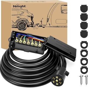Nilight Heavy Duty 7 Way Inline Trailer Plug with 7 Gang Weatherproof Junction Box - 12 Feet Connector Cable Wiring Harness Suitable for RV Automotives Cars