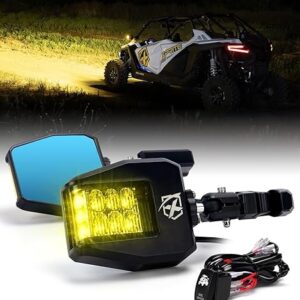 Xprite UTV Side Mirrors 2025 New Aluminum w/Amber LED Spot Light Amber Lens for 1.75"-2" Roll Cage Bar Compatible with Pioneer Polaris RZR, SXS, Can Am X3, Kawasaki Teryx Mule, Yamaha Rhino Wolverine