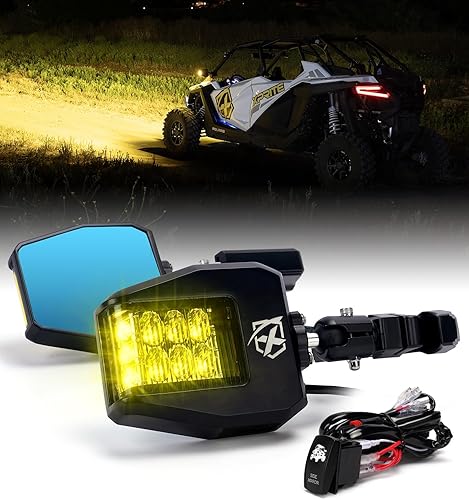Xprite UTV Side Mirrors 2025 New Aluminum w/Amber LED Spot Light Amber Lens for 1.75"-2" Roll Cage Bar Compatible with Pioneer Polaris RZR, SXS, Can Am X3, Kawasaki Teryx Mule, Yamaha Rhino Wolverine