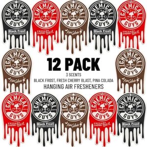Chemical Guys Car Fresheners, Hanging Air Fresheners, Variety Scent Pack 12 Pack - for Cars, Home, Garage, Workspace, Dorm Room & More (4 x 3 Packs, Black Frost, Cherry, Pina Colada)