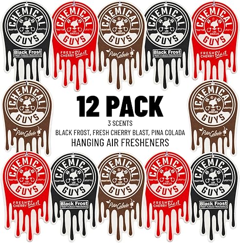 Chemical Guys Car Fresheners, Hanging Air Fresheners, Variety Scent Pack 12 Pack - for Cars, Home, Garage, Workspace, Dorm Room & More (4 x 3 Packs, Black Frost, Cherry, Pina Colada)