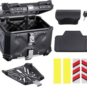 VEVOR Motorcycle Top Case 45L, Universal Aluminum Alloy Motorbike Tail Box with Leather Lining, 45L Waterproof Detachable Motorcycle Top Box with Lock & Back Cushion, Fit for 99% of Motorcycle Frames