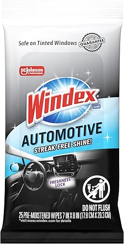 Windex Auto Wipes for Car Windows, Mirrors and Screens, Pre-Moistened Car Cleaner Wipes for Quick Streak-Free Shine, Guaranteed Safe for Tinted Windows and Electronics, 25 count (Pack of 1)