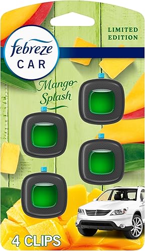 Febreze Car Air Freshener Vent Clip Multipack Mango Splash Scent, Long Lasting Smell Fighter for Strong Odors Car Febreze Clip Automotive Vent Air Freshener 4 Count