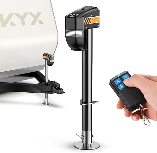 KYX Electric Trailer Jack 5000lb, with Remote, Heavy Duty RV Electric Tongue Jack, 9.84"-33.85" Lift, Manual Crank Handle & Jack Cover for RVs & Travel Trailers, Black